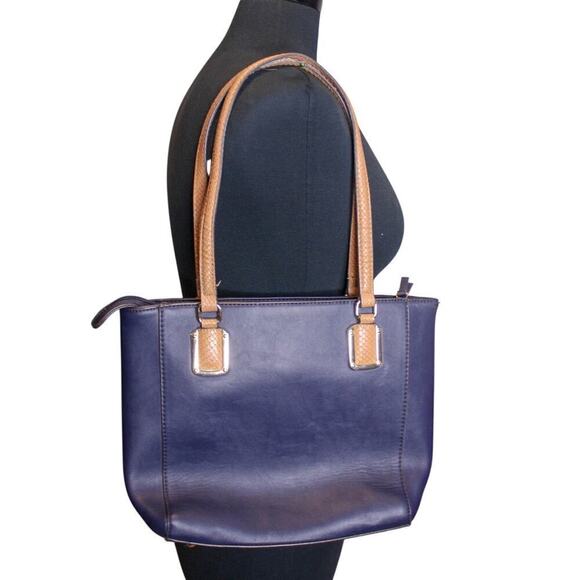 Nine West Shoulder Bag Purse Blue Brown Classic Vegan Minimalist - Picture 3 of 4